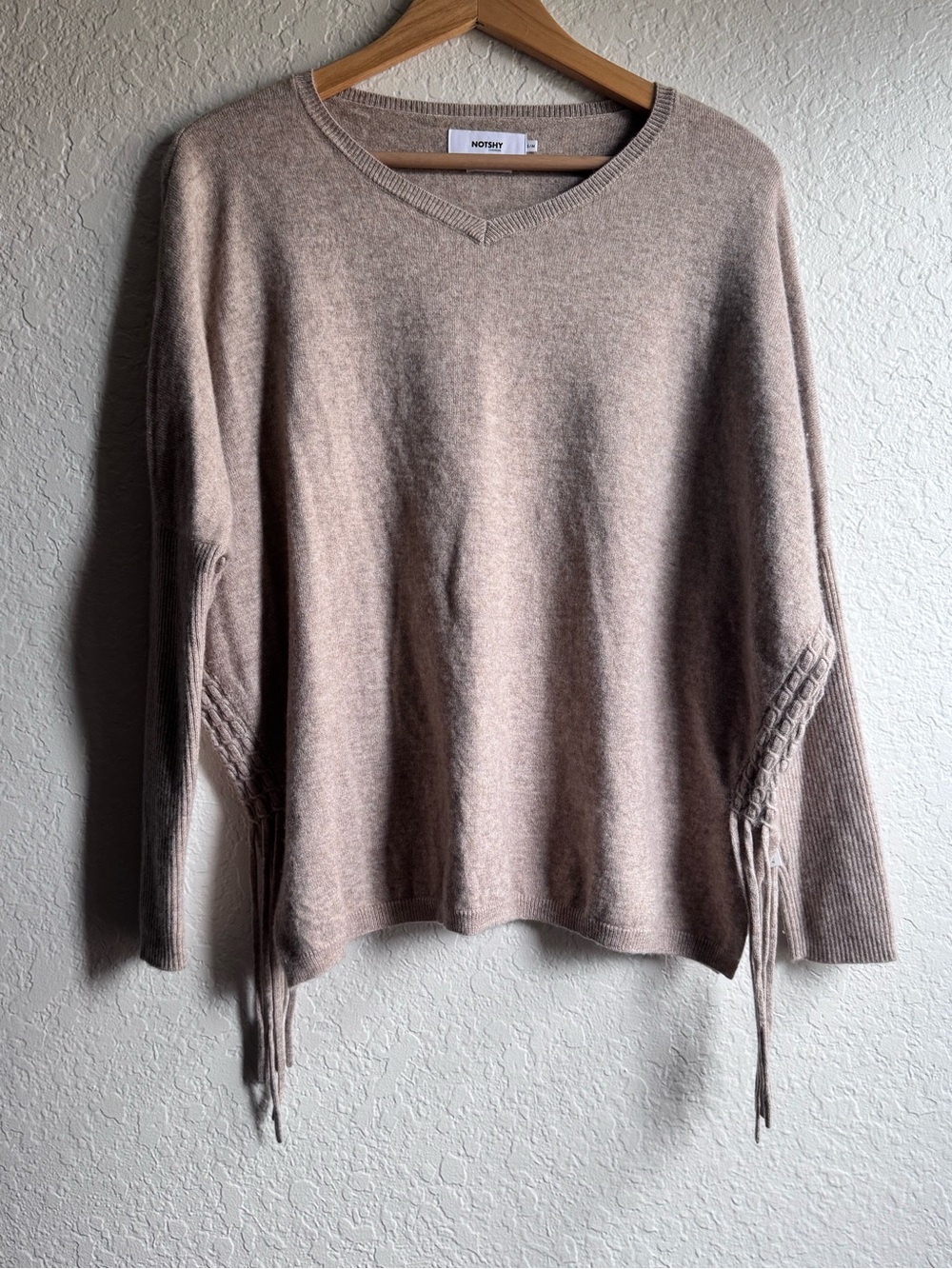 NOTSHY Paris Taupe Cashmere Blend V-Neck Pullover Sweater Ruched sides